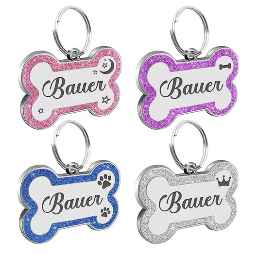 Placa de identificación personalizada para perros y gatos – Doble cara con purpurina