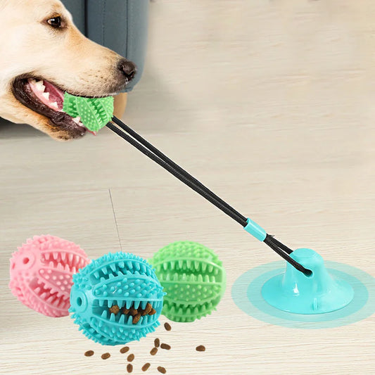 “Juguete interactivo para perros con ventosa, sonido y dispensador de premios – Pelota de caucho resistente para entrenar y jugar al tira y afloja.”