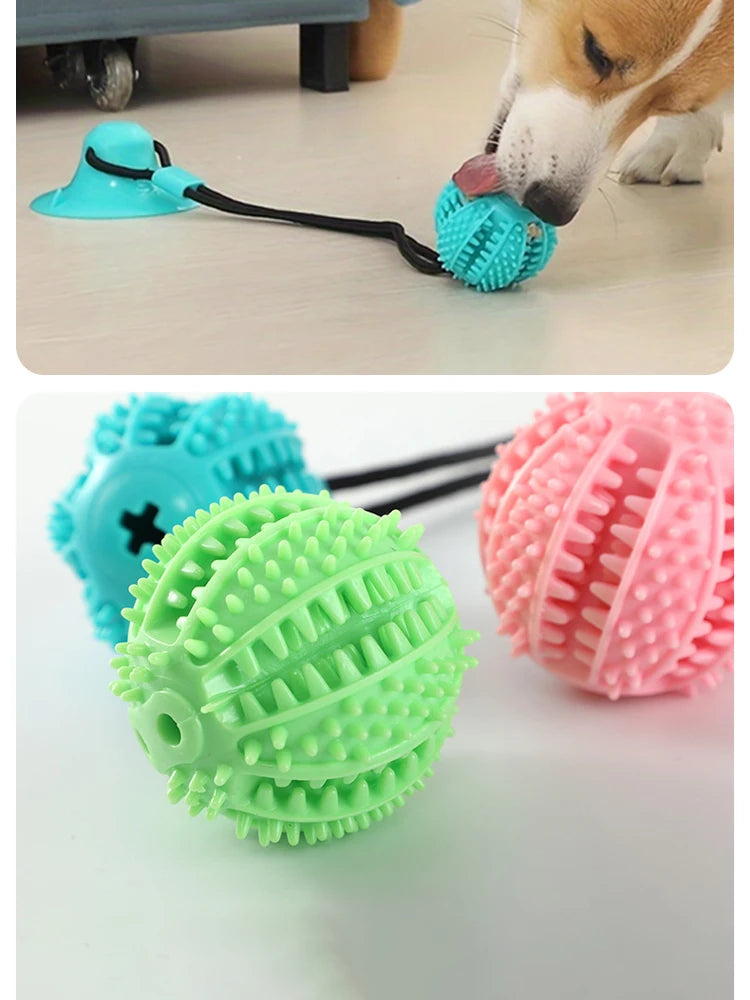 “Juguete interactivo para perros con ventosa, sonido y dispensador de premios – Pelota de caucho resistente para entrenar y jugar al tira y afloja.”