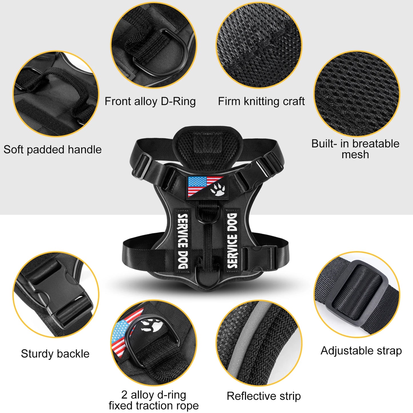 Arnés para perro de servicio con parches y reflectante